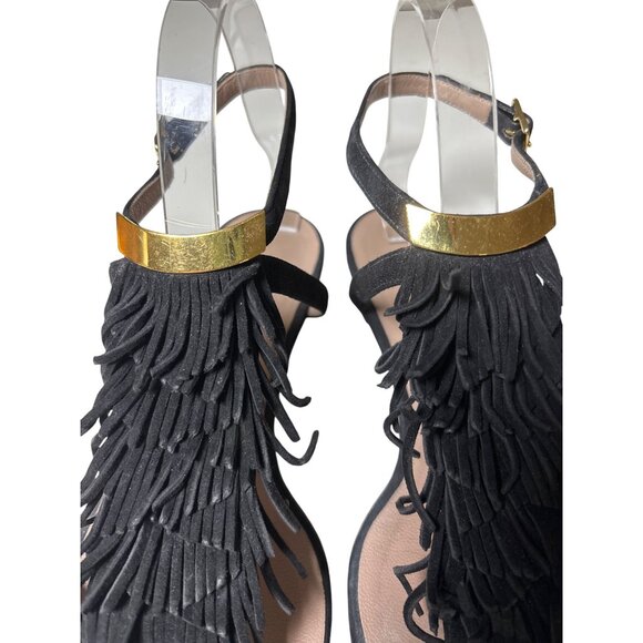 Chloe Sandals Size 39 / 9 Black Suede Fringe Ankle Straps Flats Gold Accent - Picture 6 of 11
